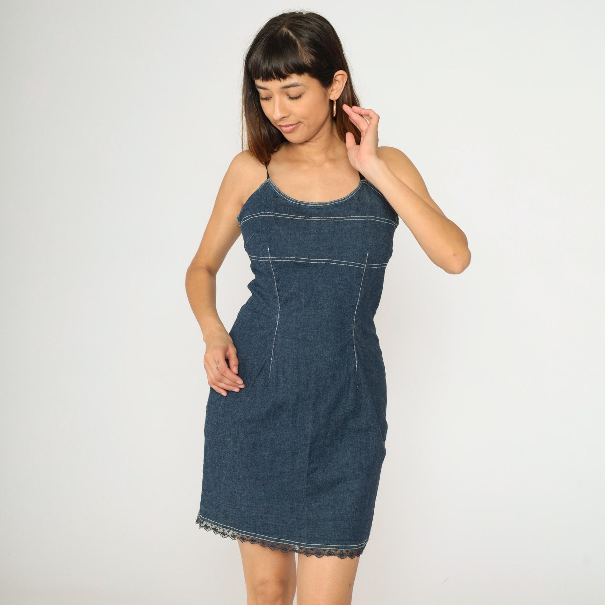 90s Blue Denim Mini Dress Spaghetti Strap Bodycon Sheath Medium