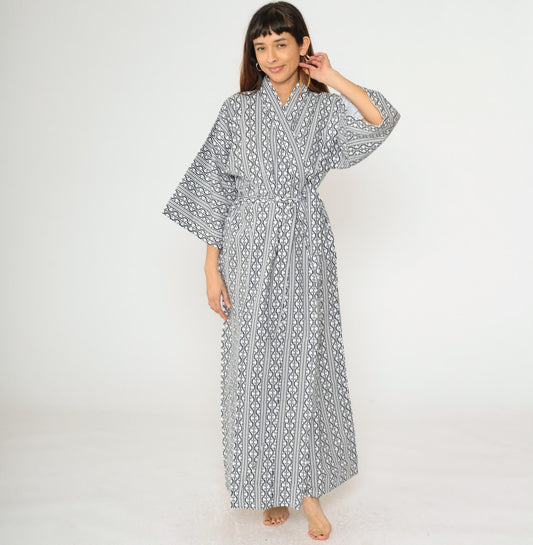 70s Kimono Maxi Robe White Blue Geometric Striped Print Open Front Medium Large