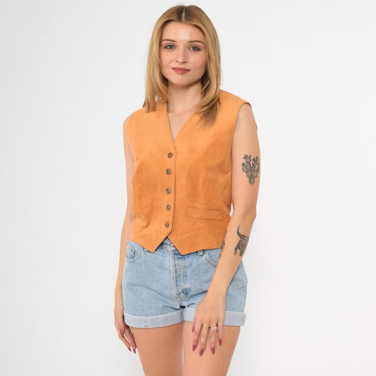 80s Orange Faux Suede Vest Button-Up Tailored Sleeveless Small