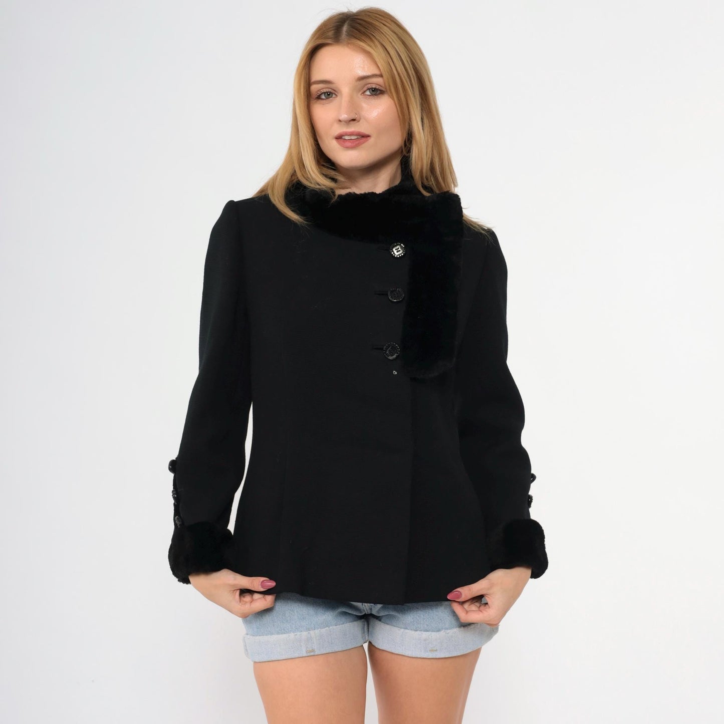 60s Black Faux Fur Trim Jacket Asymmetrical Button Mod Coat Extra Small