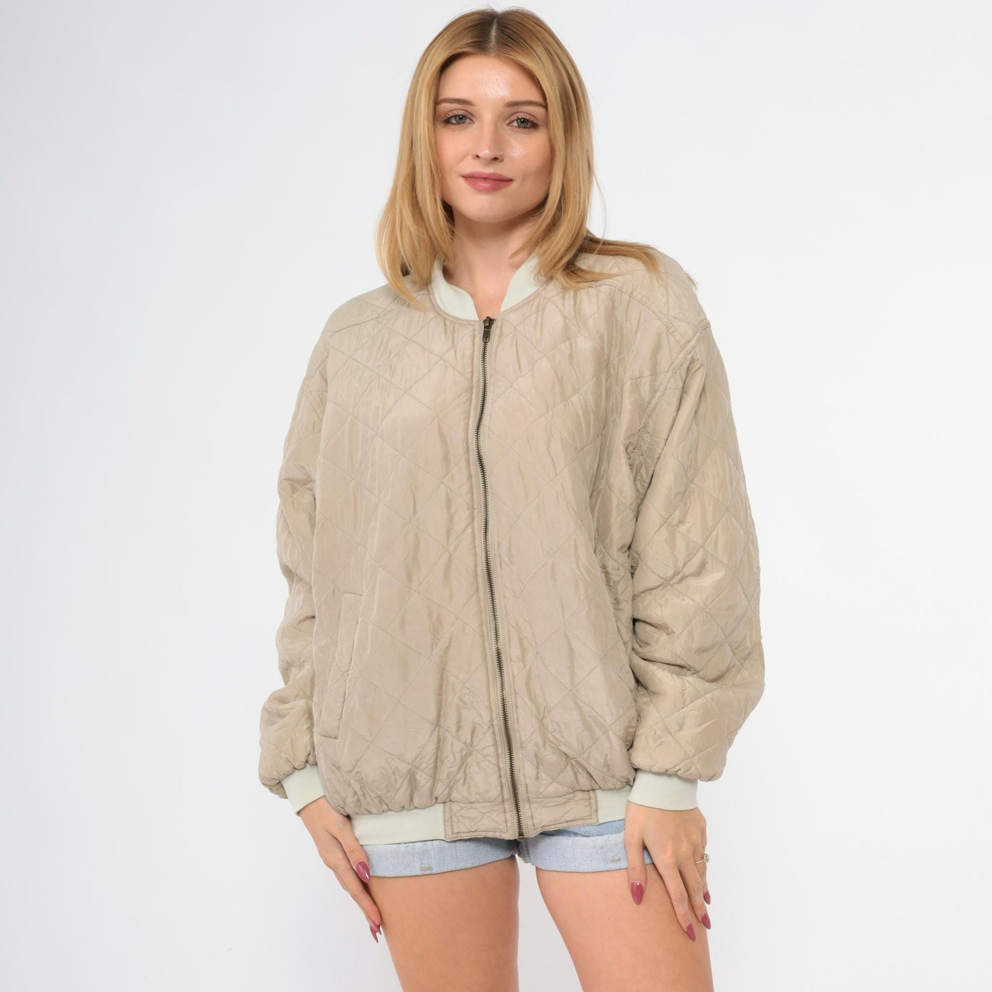 90s Taupe Quilted Silk Bomber Jacket Zip-Up Windbreaker Large L