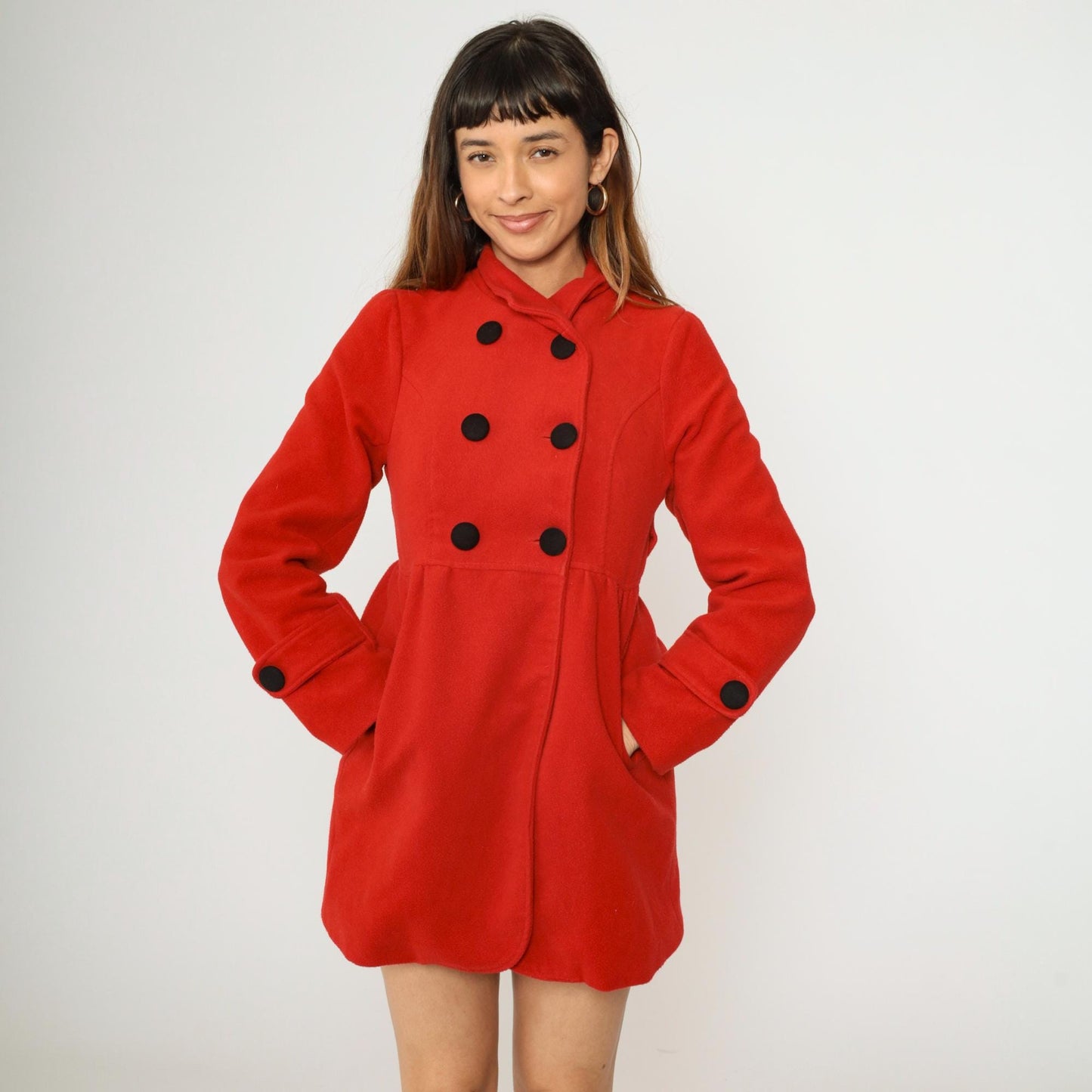 90s Red Wool Peacoat Double Breasted Princess Seams XXS
