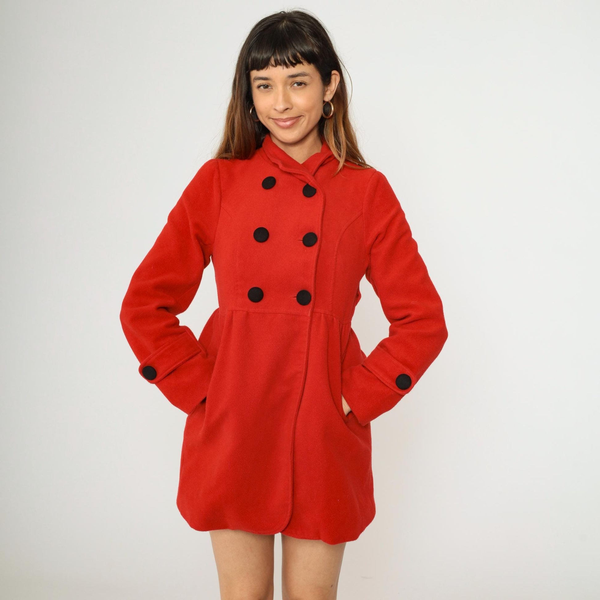 90s Red Wool Peacoat Double Breasted Princess Seams XXS