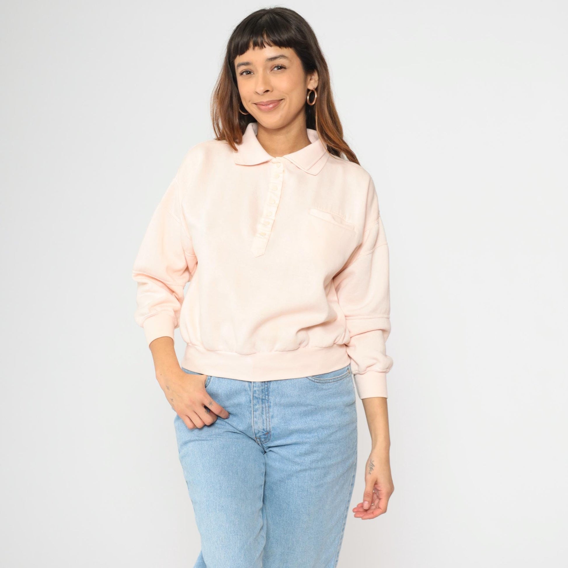 80s Baby Pink Polo Sweatshirt Vintage Collared Quarter-Snap Pullover Small