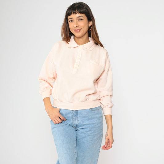 80s Baby Pink Polo Sweatshirt Vintage Collared Quarter-Snap Pullover Small