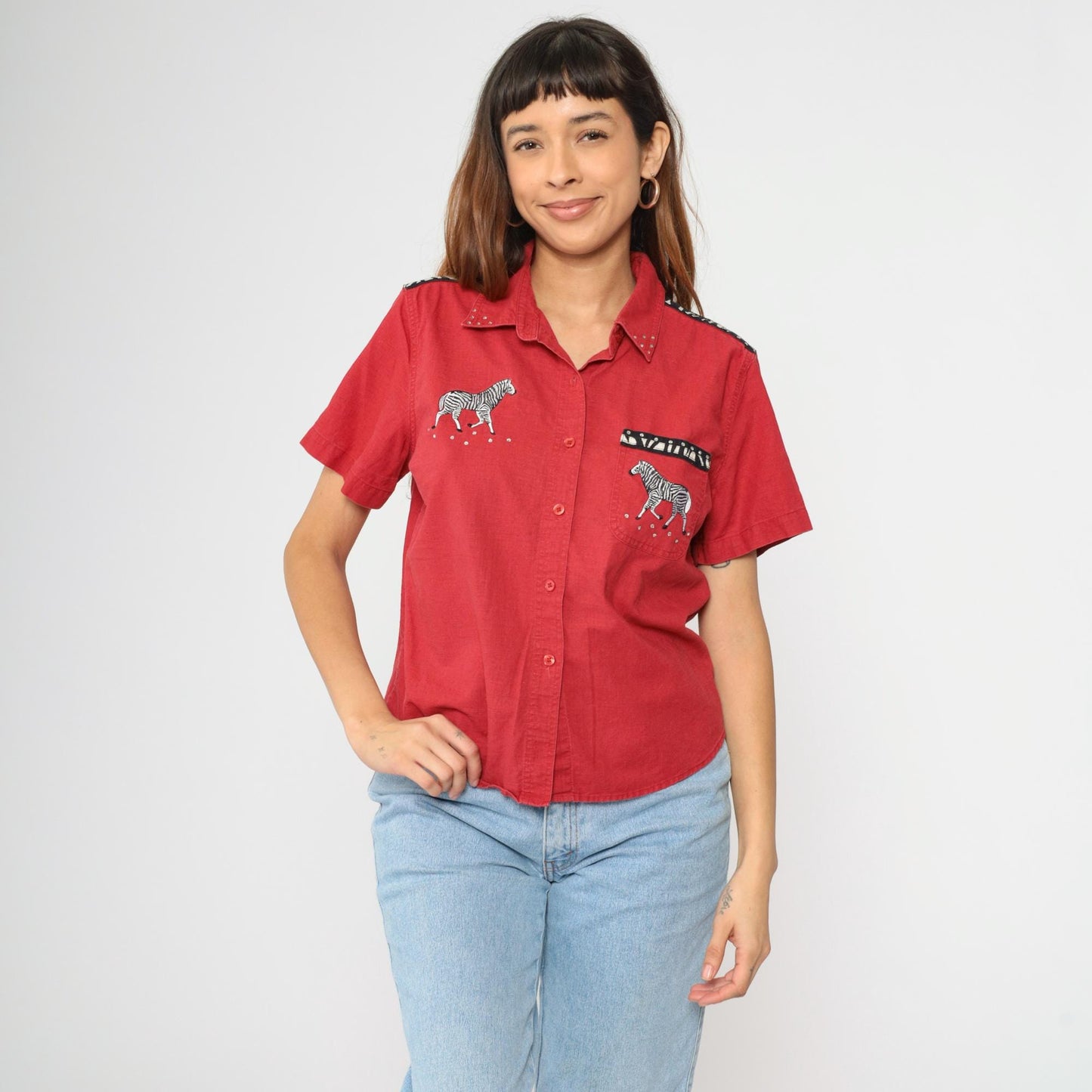 90s Cabin Creek Zebra Rhinestone Button-Up Blouse Red Linen Cotton Petite Large
