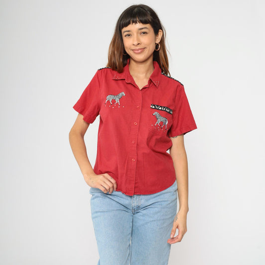 90s Cabin Creek Zebra Rhinestone Button-Up Blouse Red Linen Cotton Petite Large