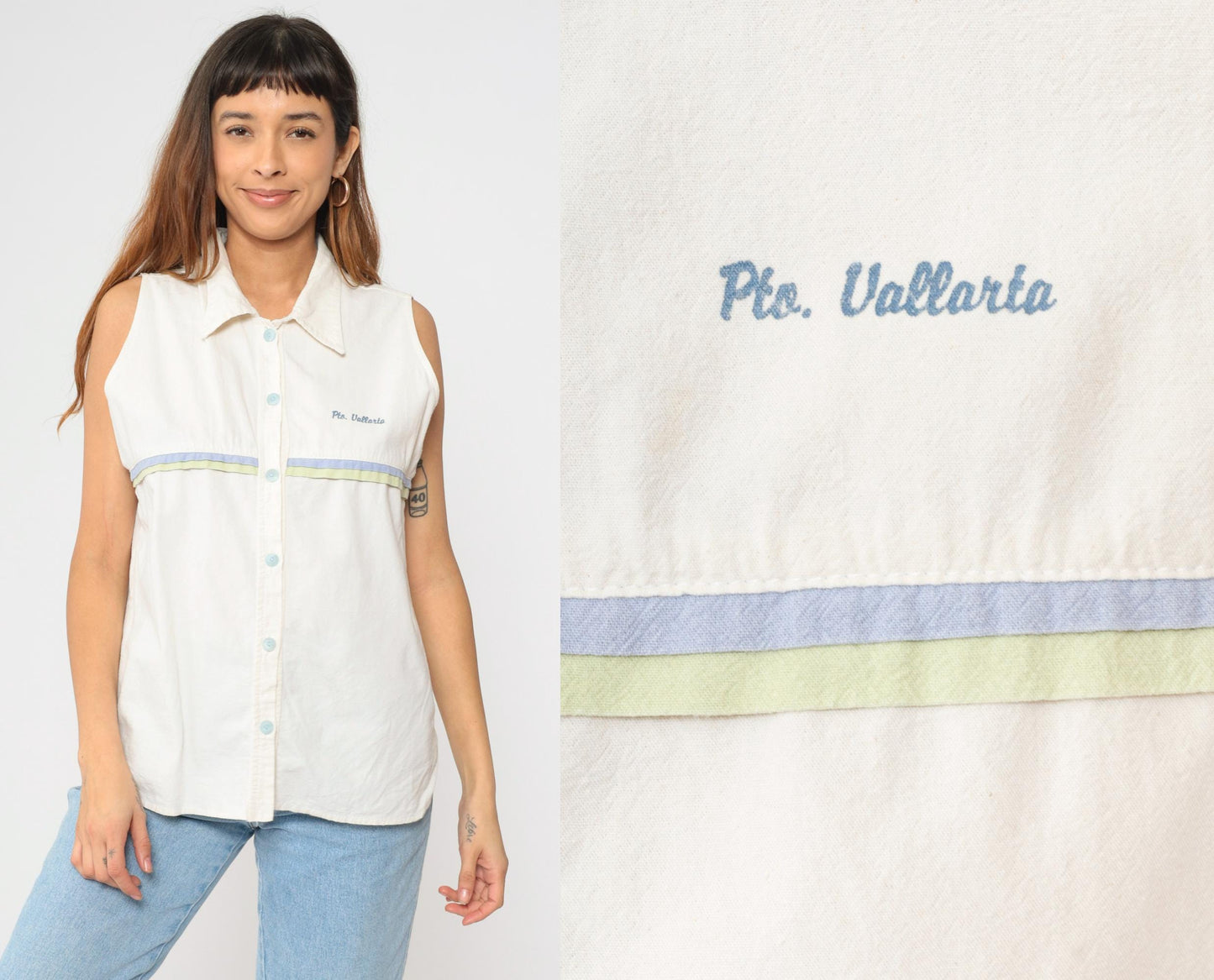 90s Puerto Vallarta White Striped Sleeveless Button-Up Blouse Extra Large