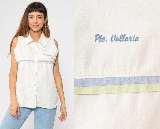 90s Puerto Vallarta White Striped Sleeveless Button-Up Blouse Extra Large