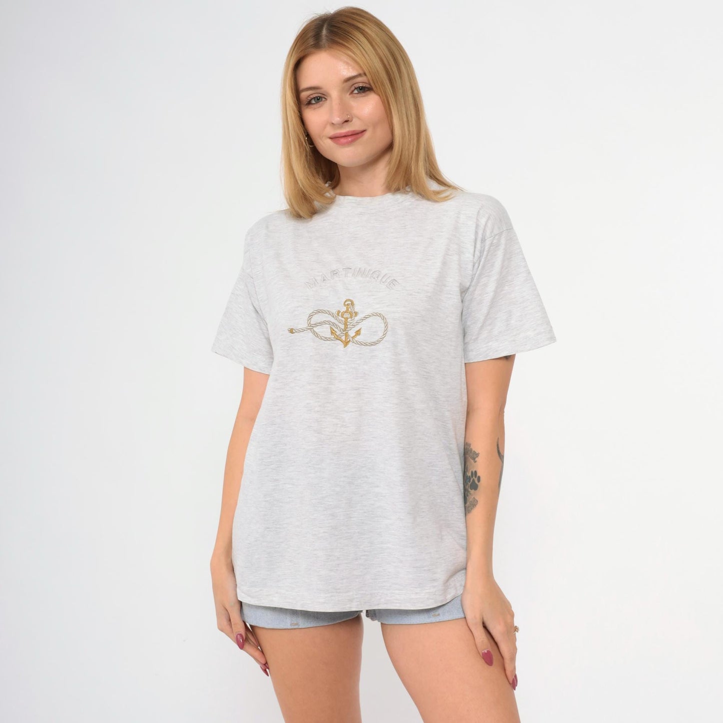 90s Martinique Embroidered Anchor Graphic Tee Grey Crewneck Medium M