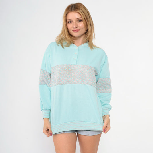 80s Mint Blue Polka Dot Henley Sweatshirt Grey Panel Color Block Medium