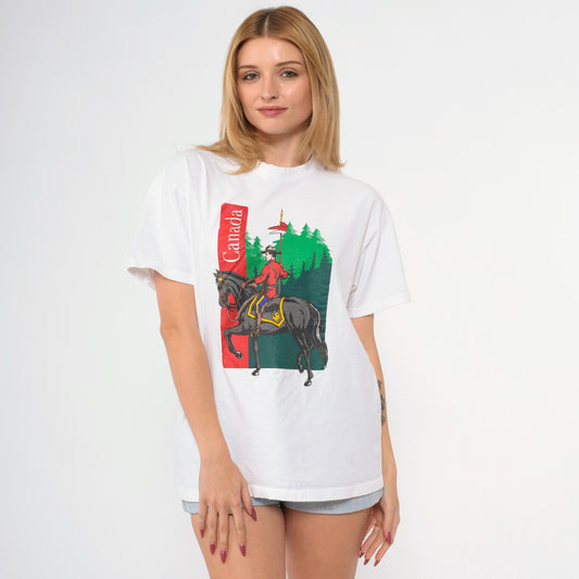 90s RCMP Country Canada Mountie Graphic T-Shirt White Cotton Medium M