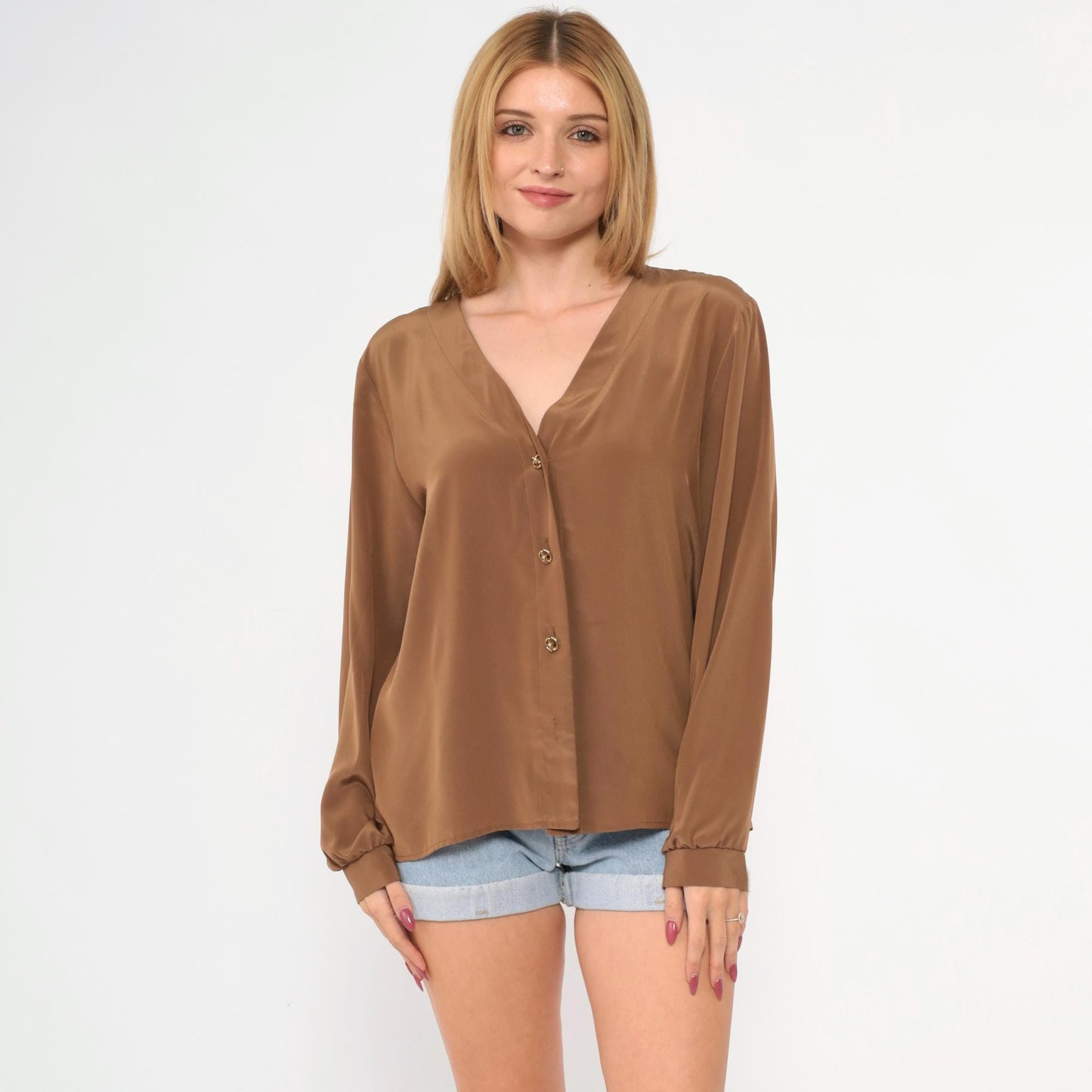 80s Brown Polyester Button-Up Blouse V-Neck Long Sleeve Gold Buttons Medium M