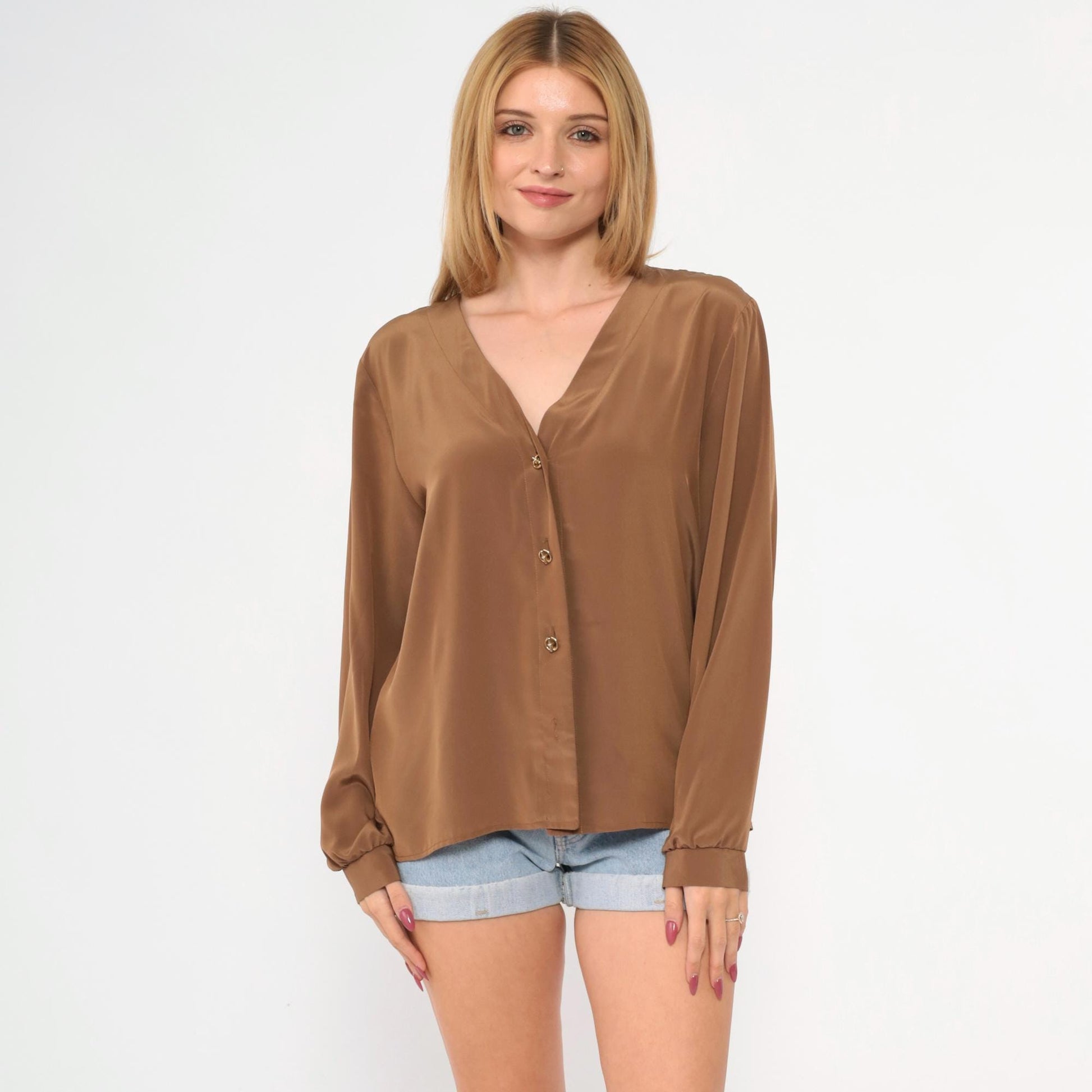 80s Brown Polyester Button-Up Blouse V-Neck Long Sleeve Gold Buttons Medium M