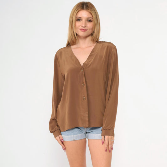80s Brown Polyester Button-Up Blouse V-Neck Long Sleeve Gold Buttons Medium M