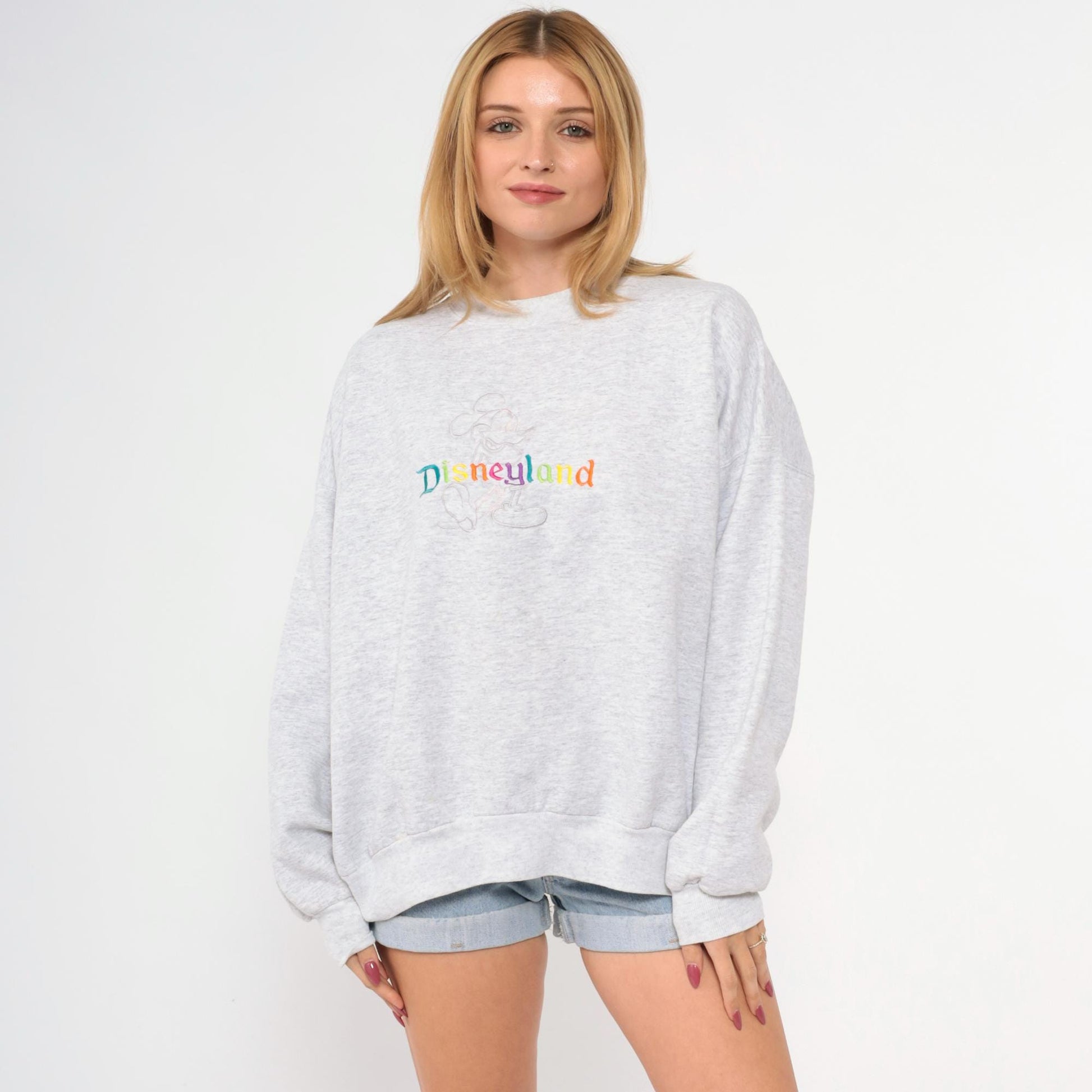 90s Disneyland Mickey Mouse Rainbow Embroidered Sweatshirt Heather Grey Extra Large