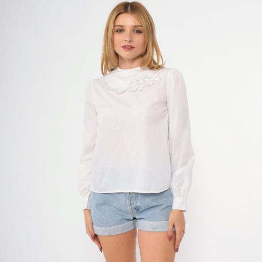 80s White Floral Embroidered Blouse Puff Sleeve Cutwork Button Back Extra Small