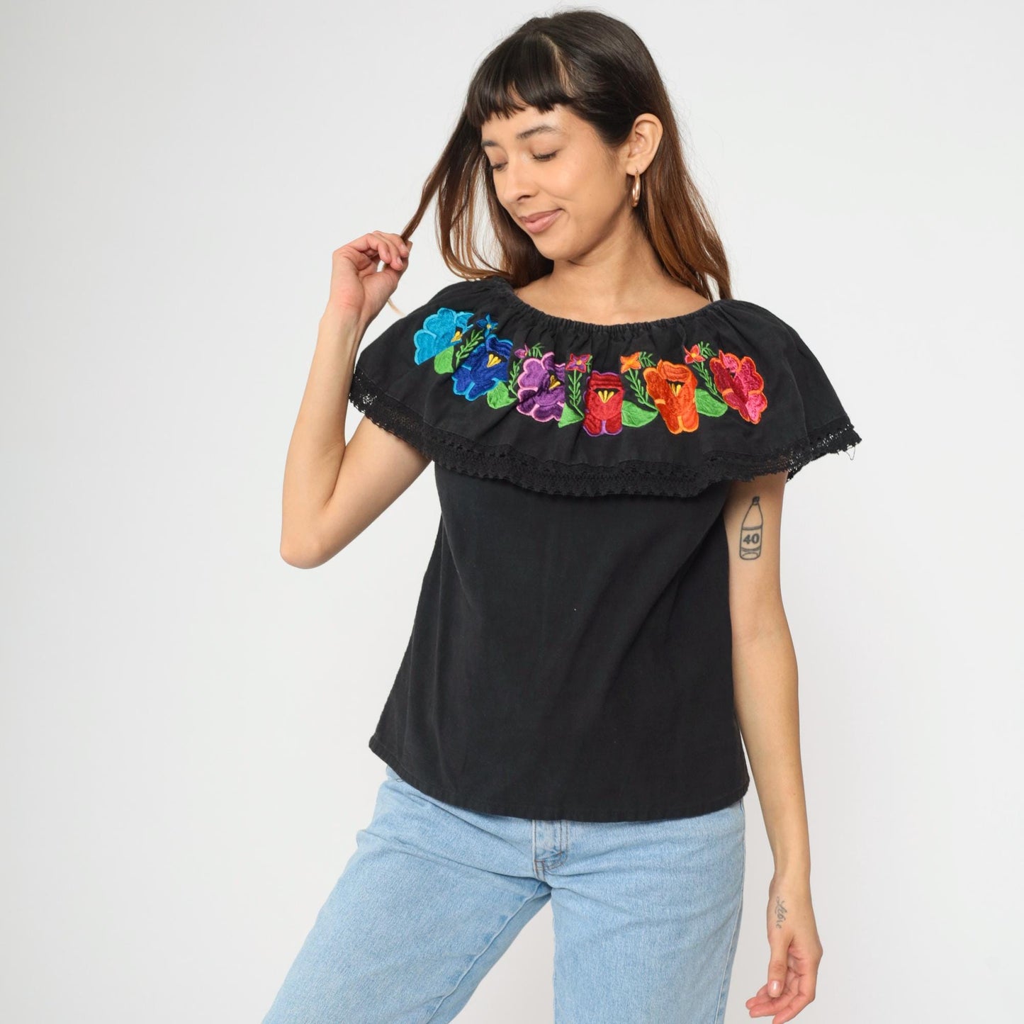 90s Mexican Floral Embroidered Blouse Black Off-Shoulder Crochet Peasant Small