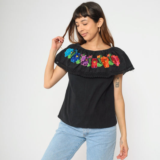 90s Mexican Floral Embroidered Blouse Black Off-Shoulder Crochet Peasant Small