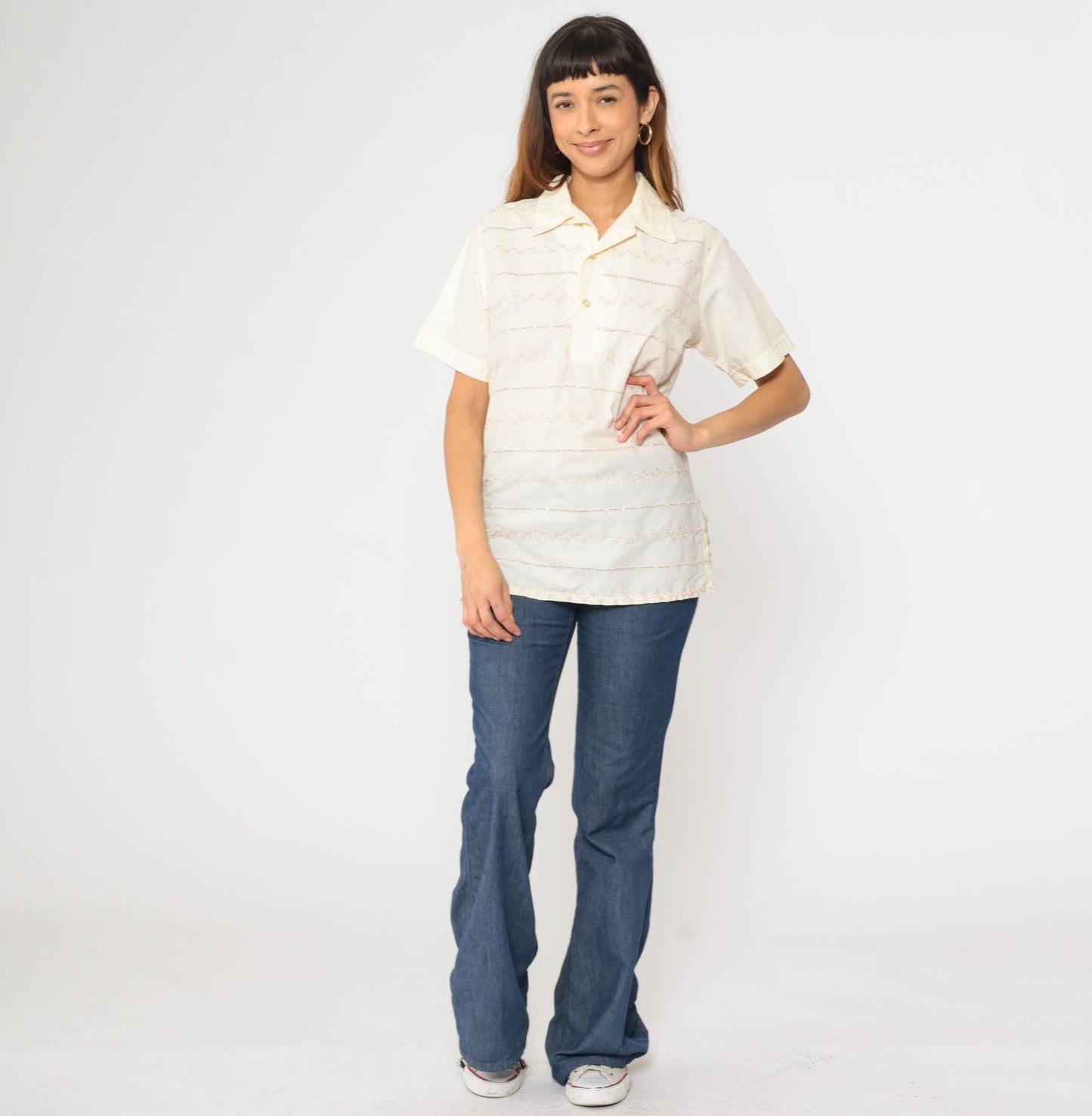 70s Paul Howard California Eyelet Striped Polo Shirt Cream Medium M