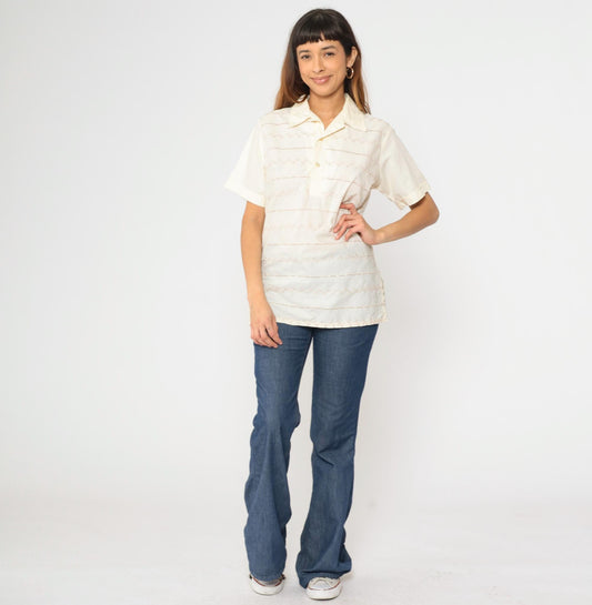 70s Paul Howard California Eyelet Striped Polo Shirt Cream Medium M