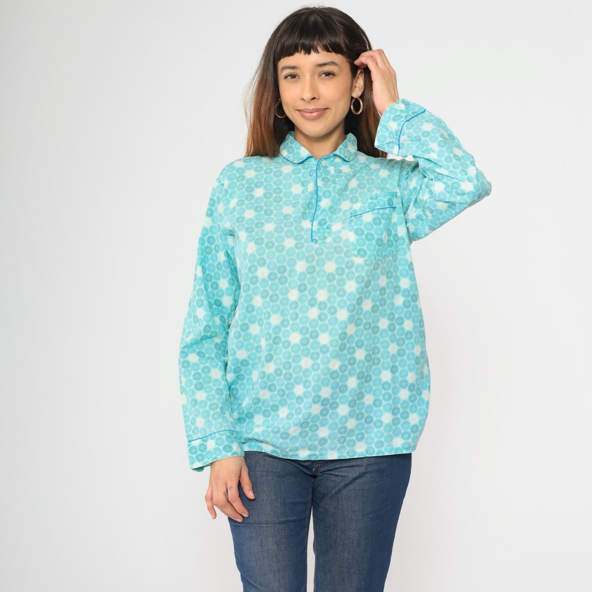 70s Kaynee Endura Press Pajama Shirt Blue Geometric Mandala Medium