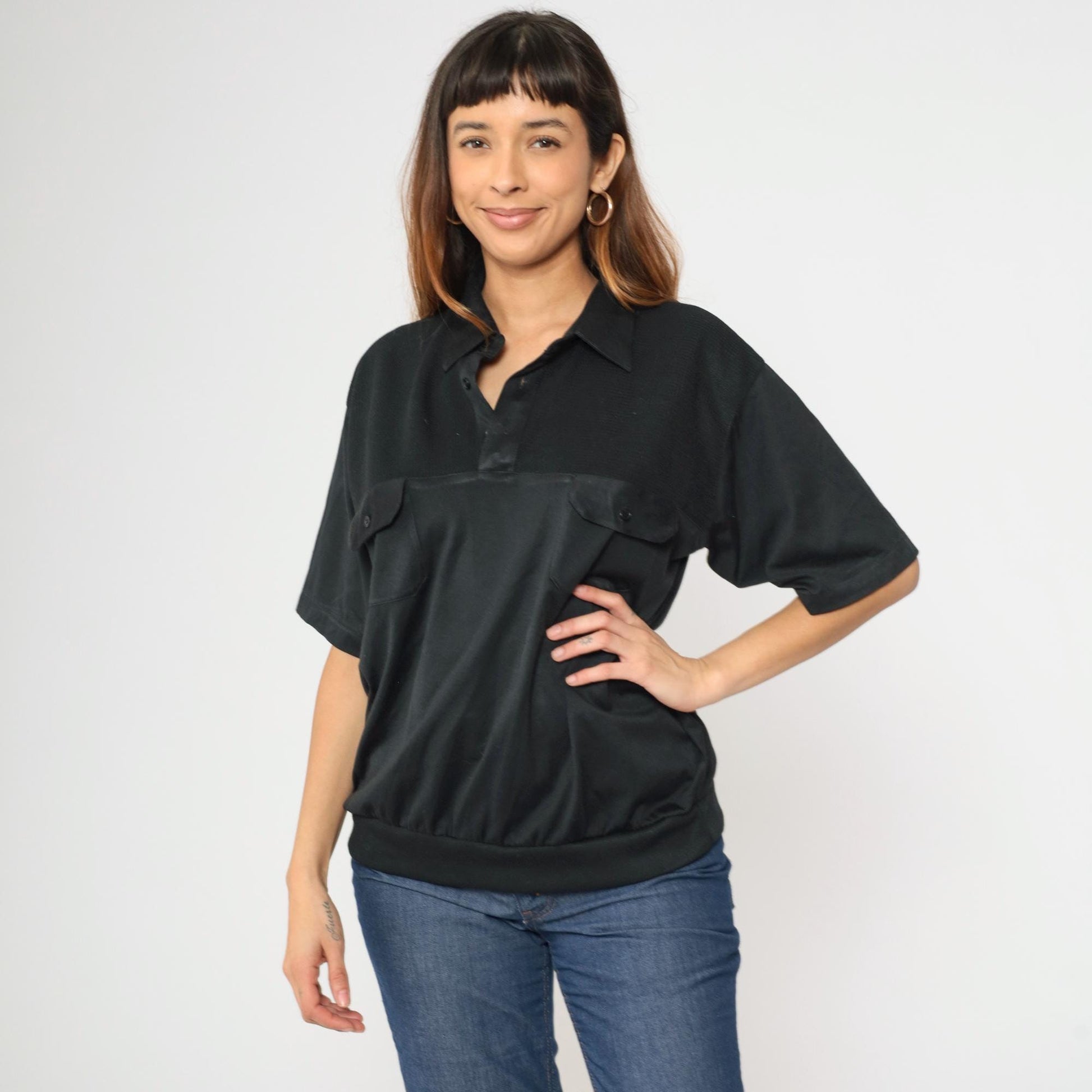 90s Black Polo Shirt Quarter Button Knit Yoke Banded Hem Men's Large L