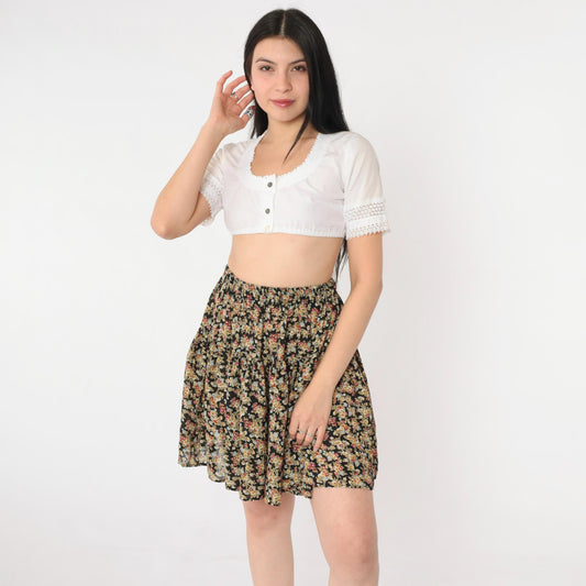 90s Floral Tiered Mini Skirt Black Olive Green Elastic Waist Small