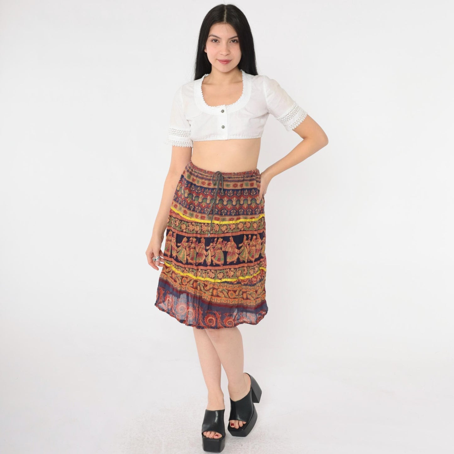 90s Broomstick Skirt Indian Dancer Floral Print Knee-Length Red Blue Small Medium