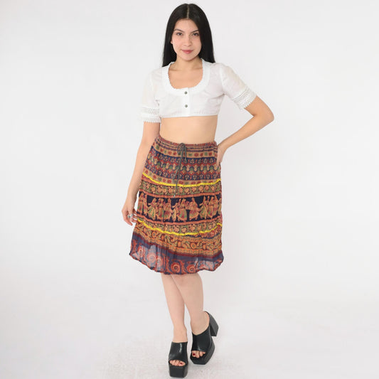 90s Broomstick Skirt Indian Dancer Floral Print Knee-Length Red Blue Small Medium