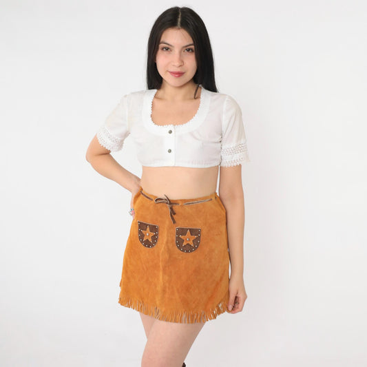 90s Brown Suede Fringe Mini Skirt Studded Star Drawstring Waist Extra Small