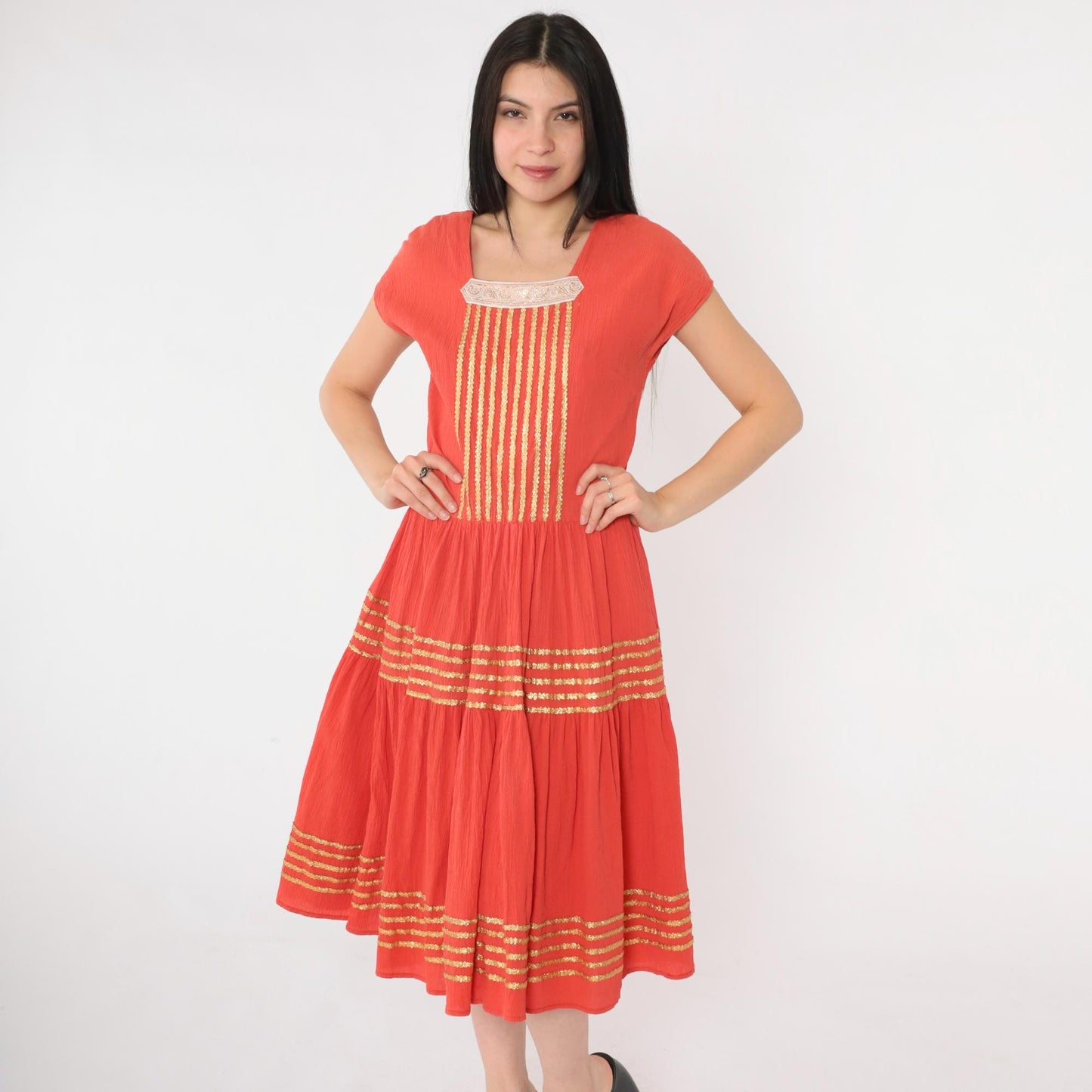 1950s Thunderbird Fashions Orange Crinkle Cotton Patio Dress Square Neckline Medium