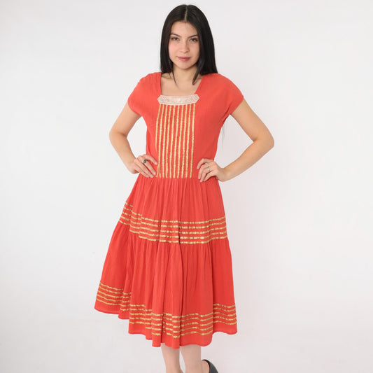 1950s Thunderbird Fashions Orange Crinkle Cotton Patio Dress Square Neckline Medium