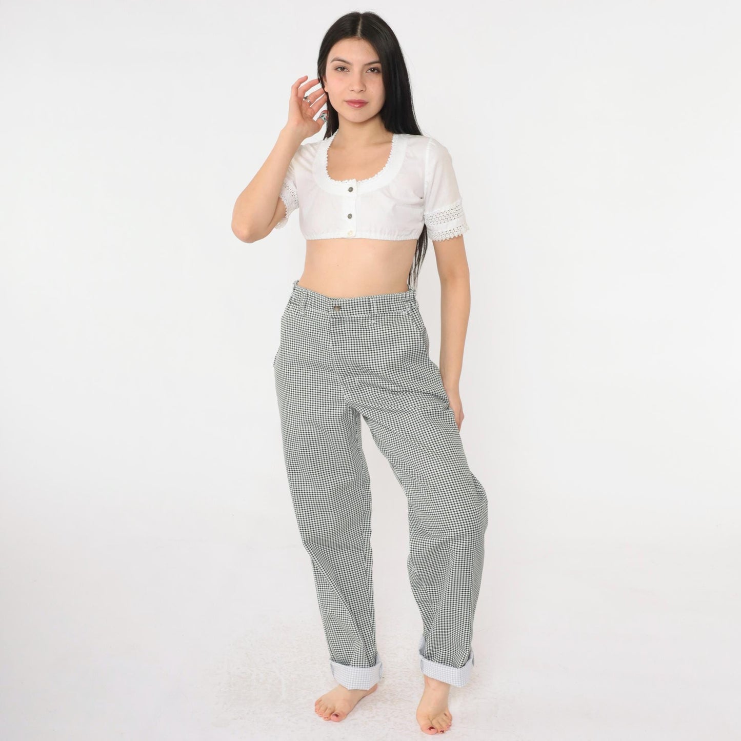 90s Black White Gingham Tapered Trousers High Waist Small S