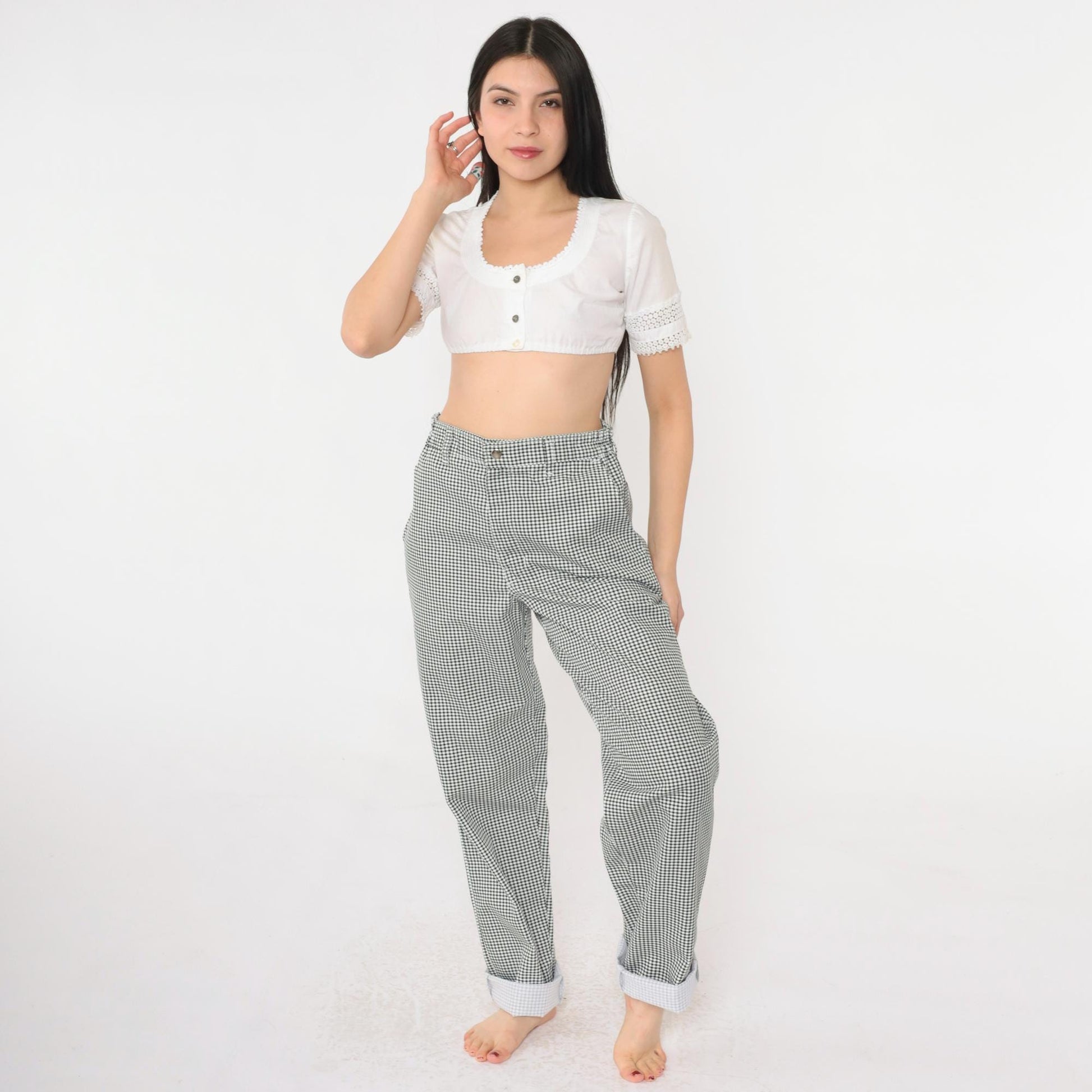 90s Black White Gingham Tapered Trousers High Waist Small S