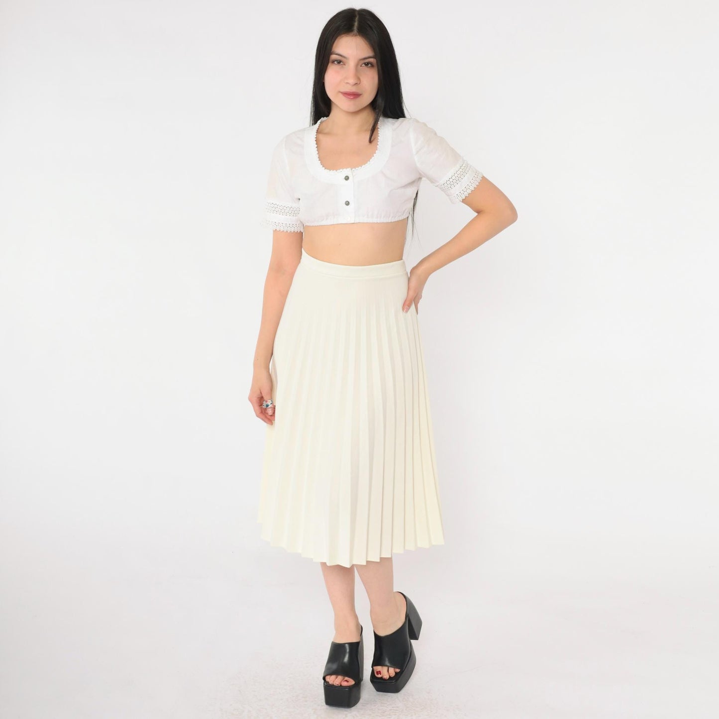 70s Cream Pleated Midi Skirt High Waist Elastic Large L