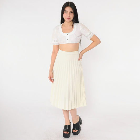 70s Cream Pleated Midi Skirt High Waist Elastic Large L