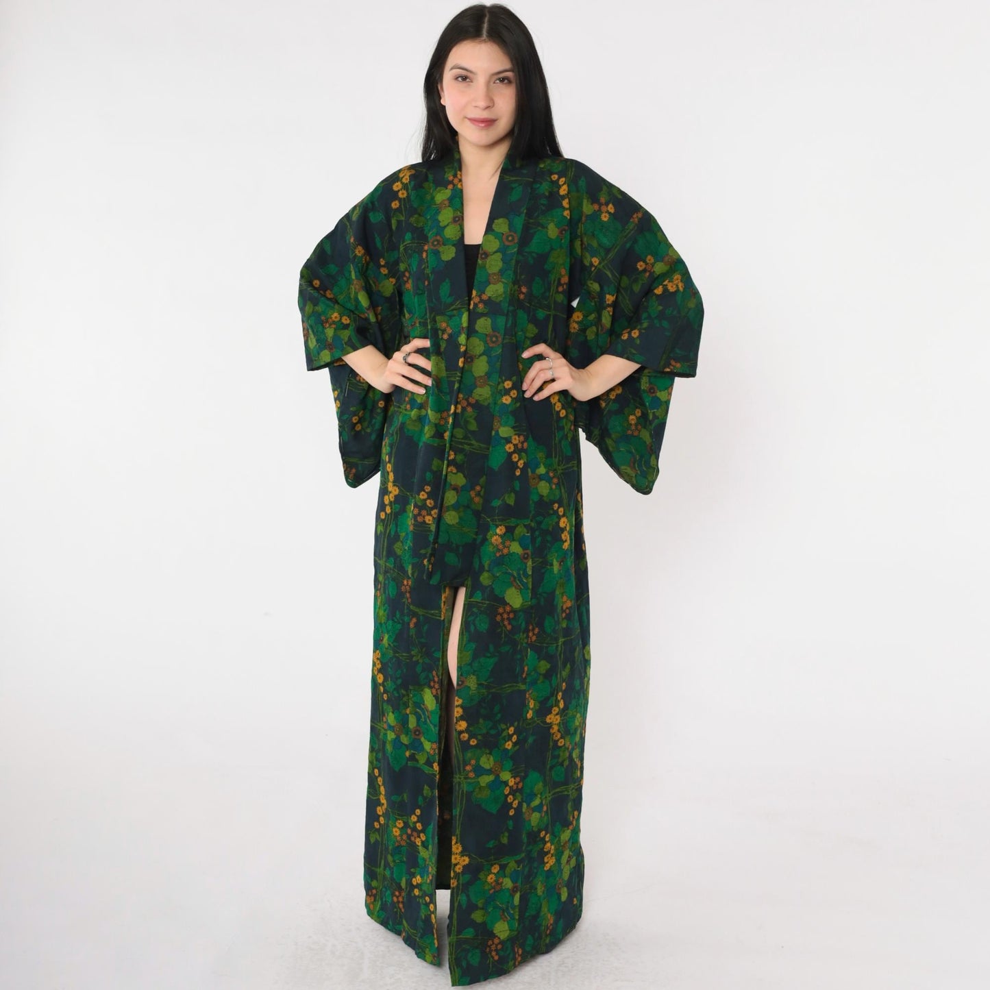 70s Green Floral Silk Kimono Robe Open Front Full Length