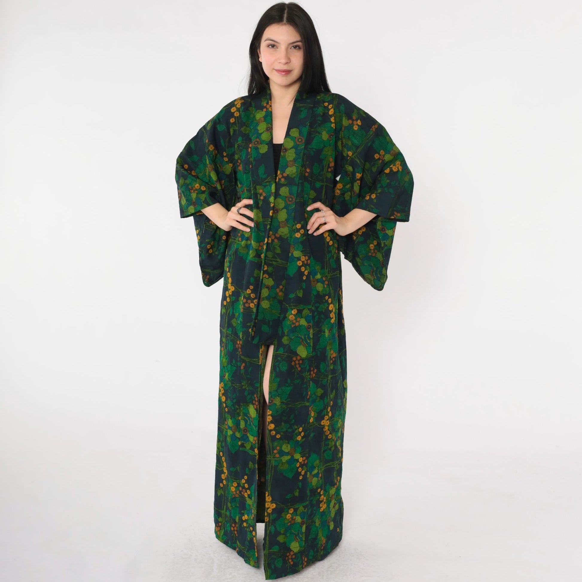 70s Green Floral Silk Kimono Robe Open Front Full Length