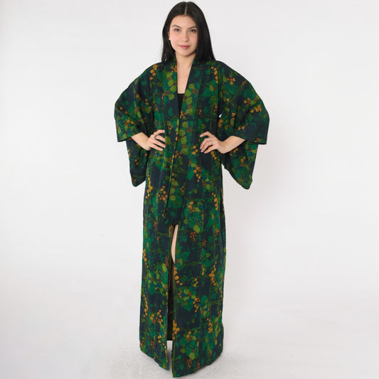 70s Green Floral Silk Kimono Robe Open Front Full Length