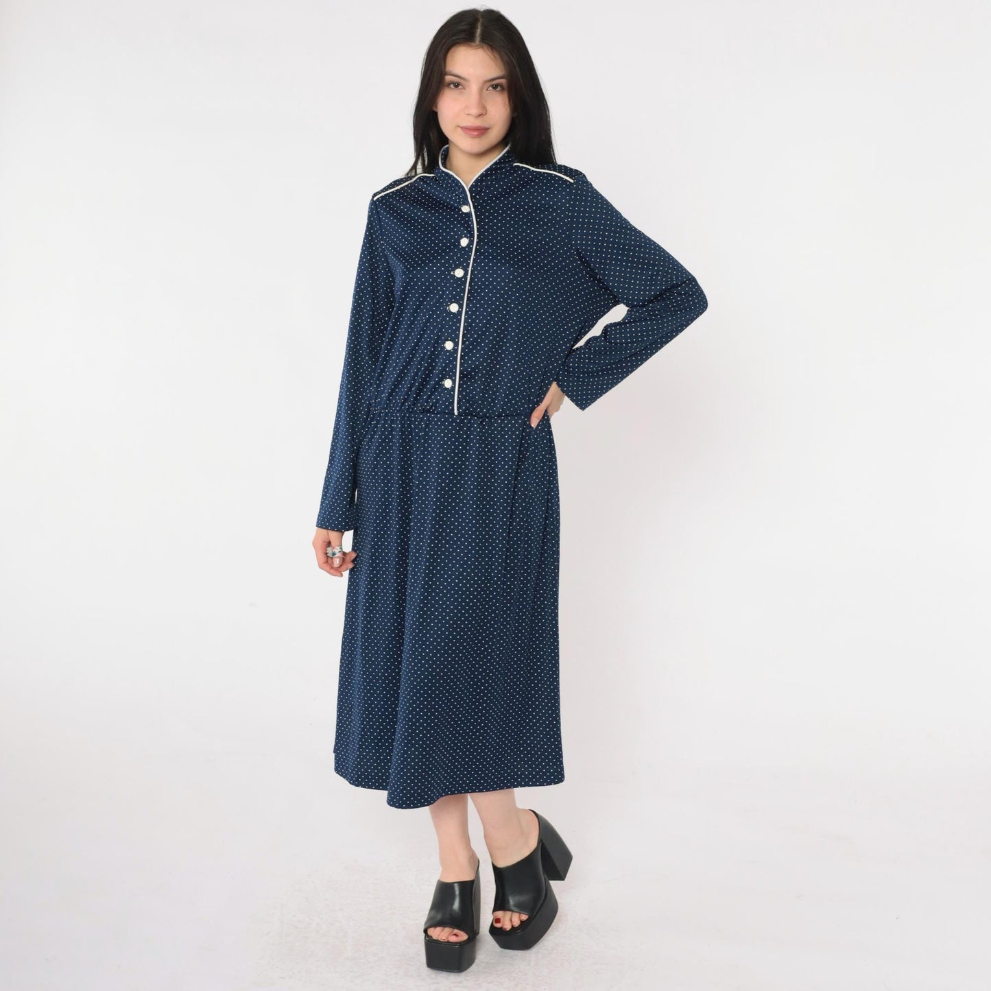 70s Polka Dot Midi Shirtdress Navy Blue High Waist Button Up Long Sleeve Large L