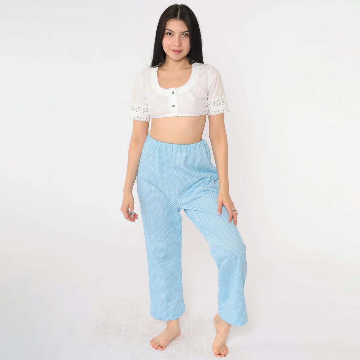 70s Baby Blue Polka Dot Flared Pants High Waist Elastic Small