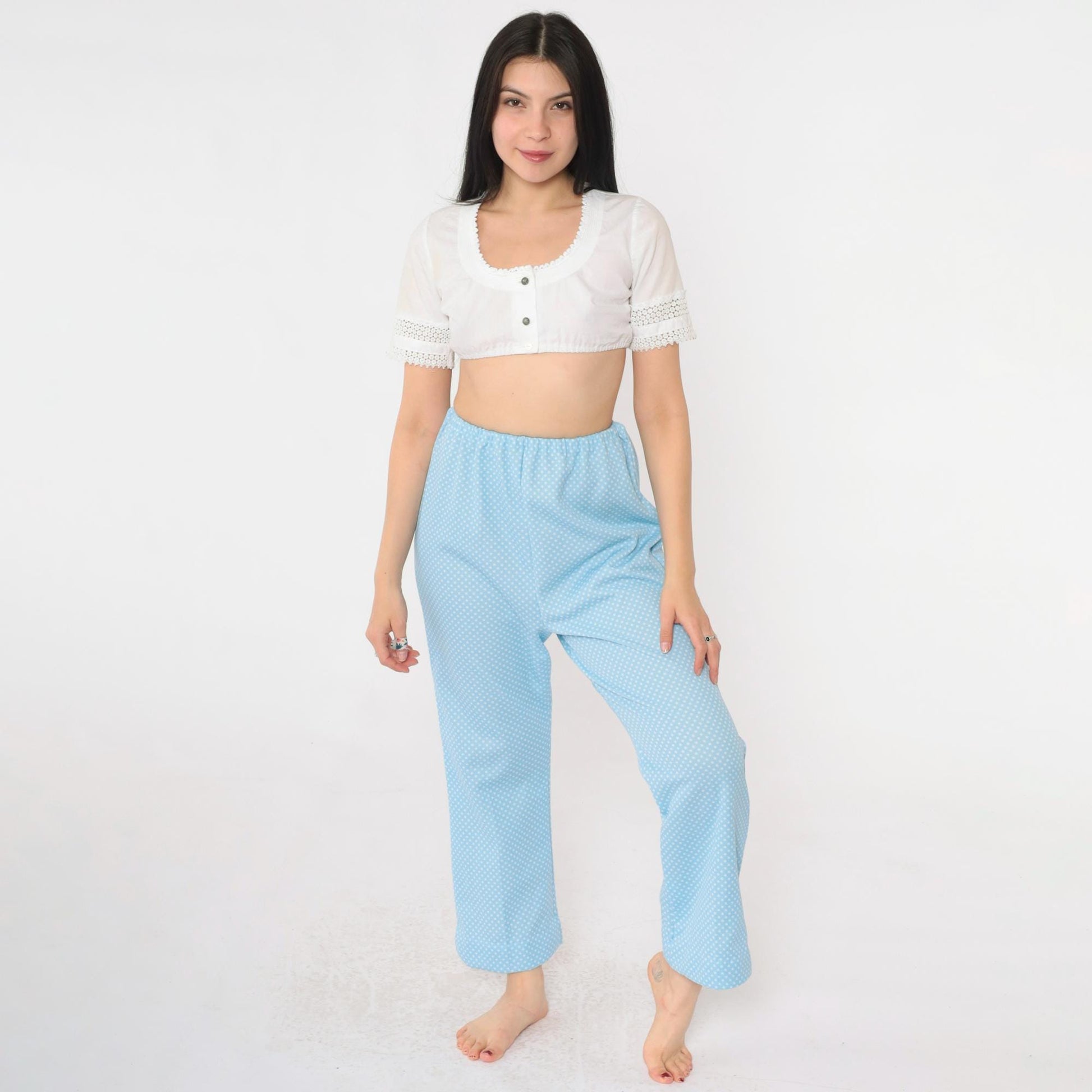 70s Baby Blue Polka Dot Flared Pants High Waist Elastic Small