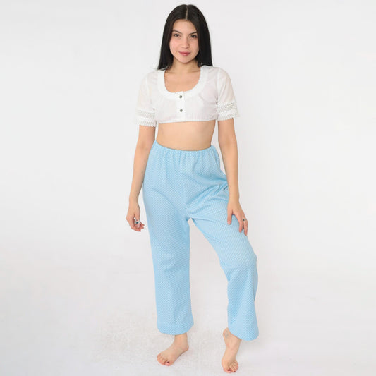 70s Baby Blue Polka Dot Flared Pants High Waist Elastic Small