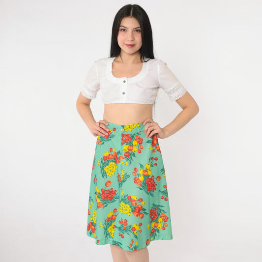 70s Green Floral Midi Skirt High Waisted A-Line Small