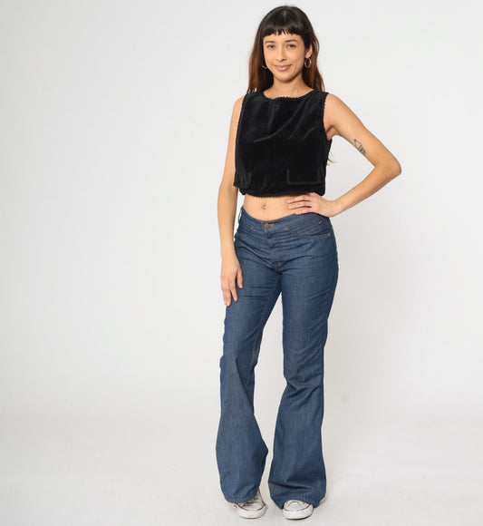 60s Black Velvet Crop Top Sleeveless Button-Back Blouse Small