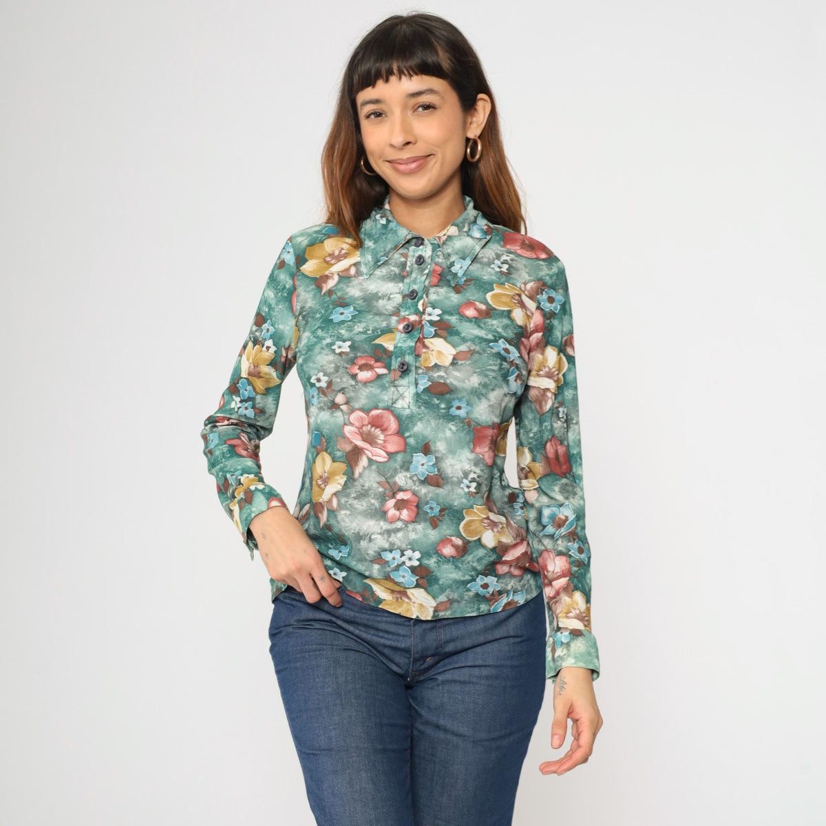 70s Green Floral Button-Up Blouse Long Sleeve Pointed Collar Medium