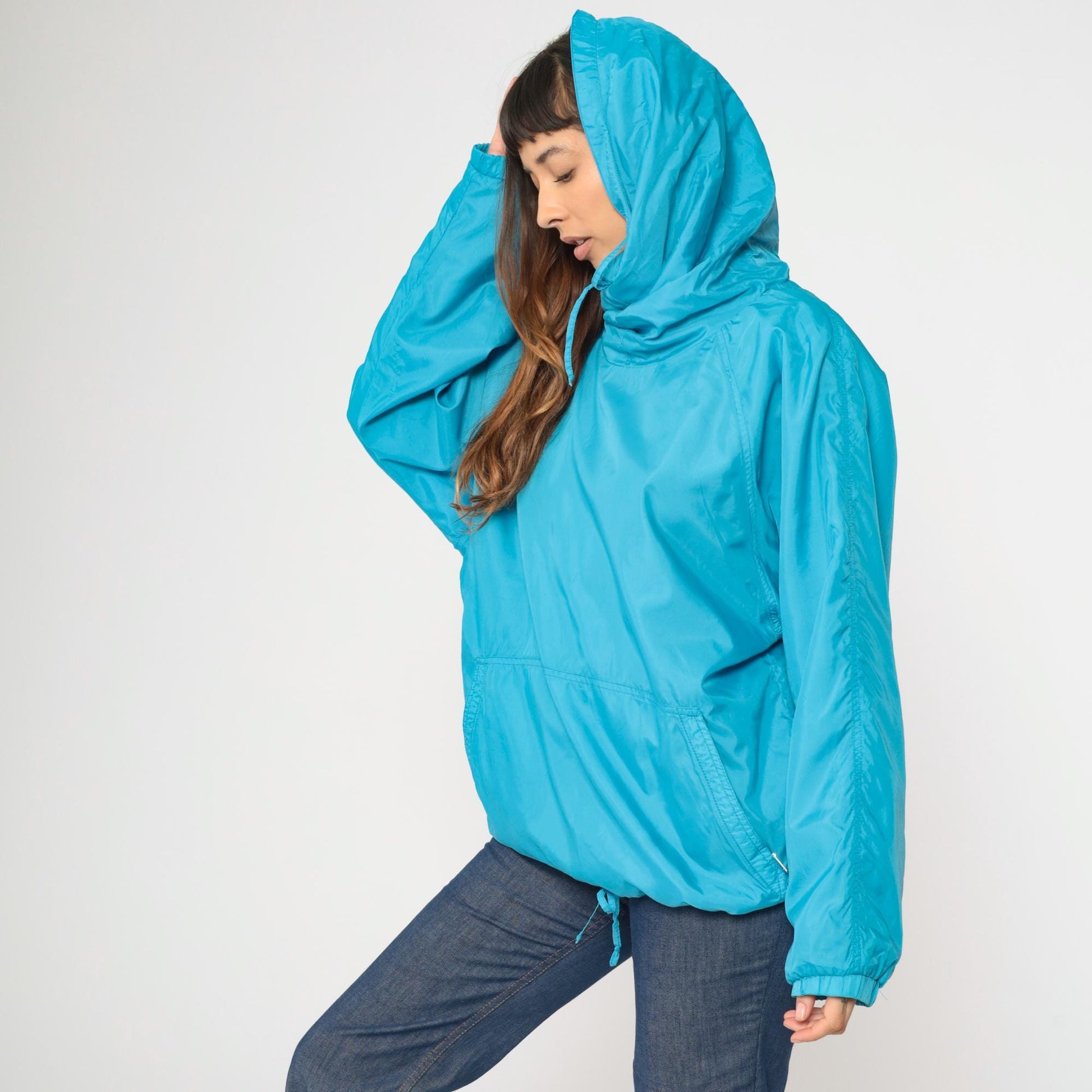80s Obermeyer Anorak Ski Jacket Blue Nylon Hooded Pullover Large