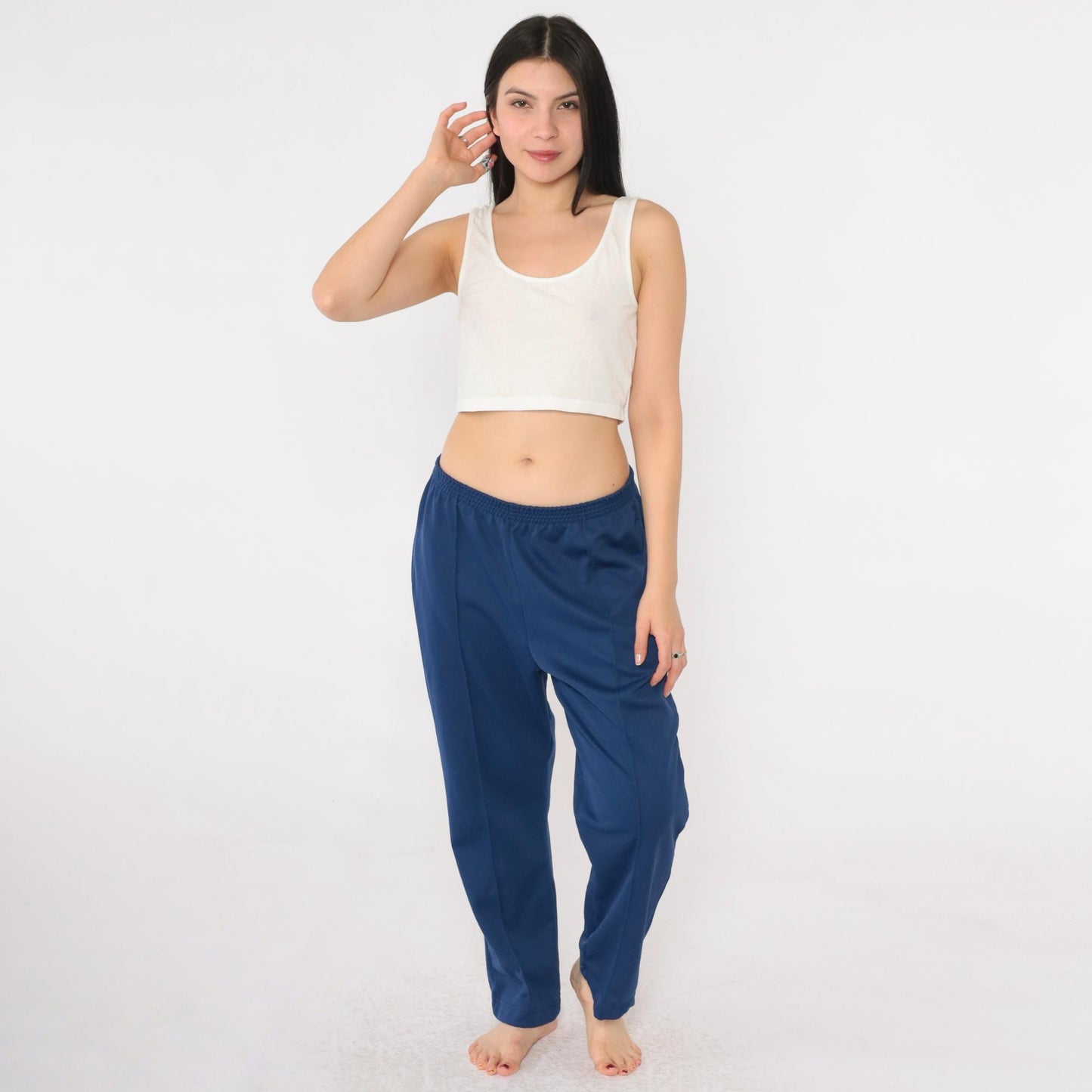 80s Navy High-Rise Straight Leg Elastic Waist Pull-On Trousers Medium
