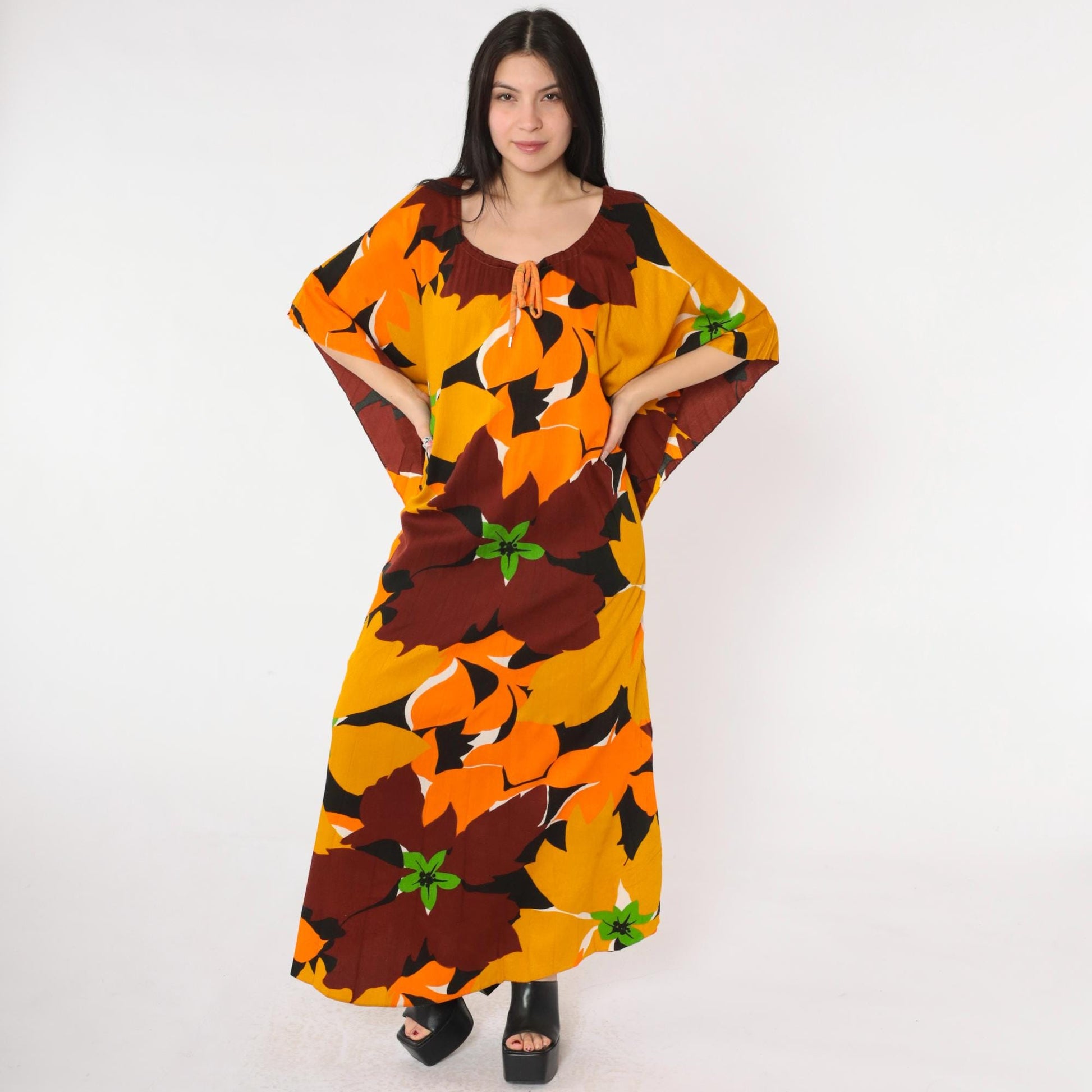 70s Hawaiian Caftan Maxi Dress Floral Mustard Orange Brown One Size